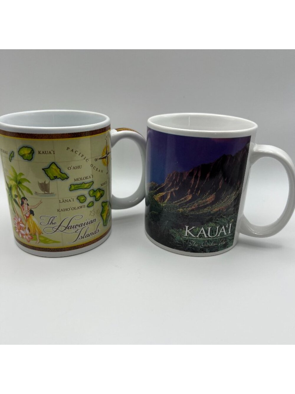 Set Of 2 Hawaiian Coffee Mugs Featuring Kauai Island Scenic Views & Hawaiian Isl